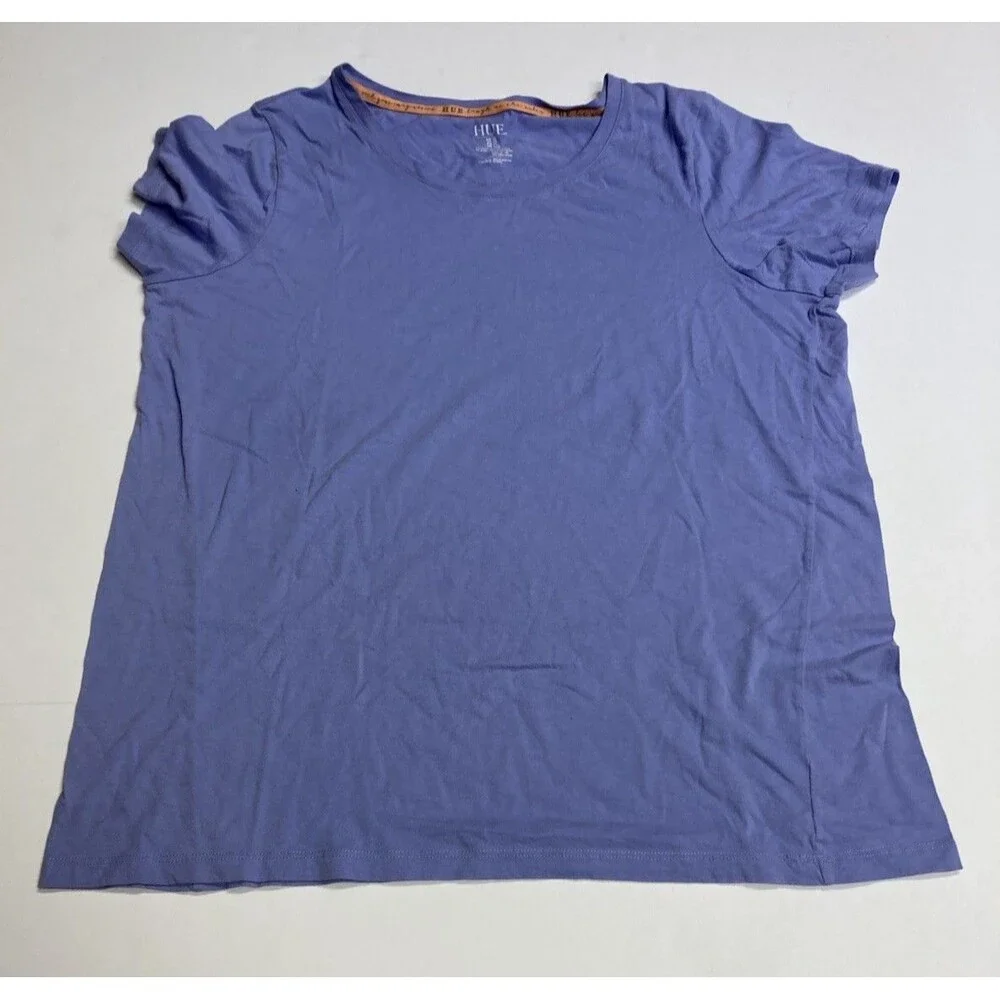 HUE Women's Blue Solid Scoop Neck Short Sleeve Jersey Cotton Modal T-Shirt L